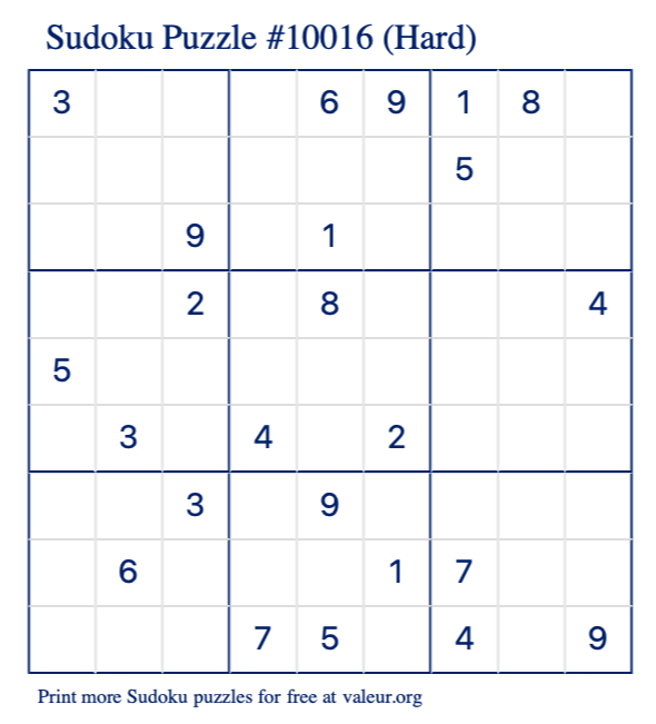 Free Printable Hard Sudoku Puzzle number 10016