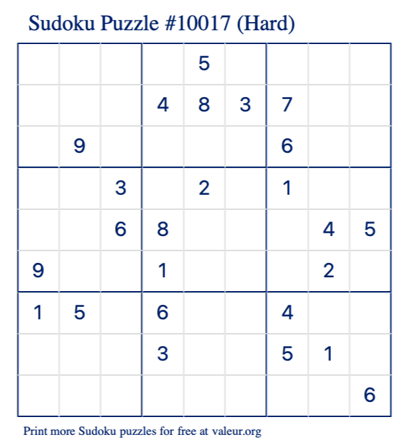 Free Printable Hard Sudoku Puzzle number 10017