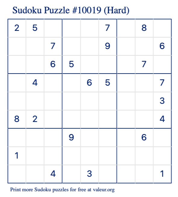Free Printable Hard Sudoku Puzzle number 10019