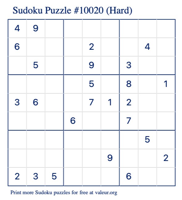 Free Printable Hard Sudoku Puzzle number 10020