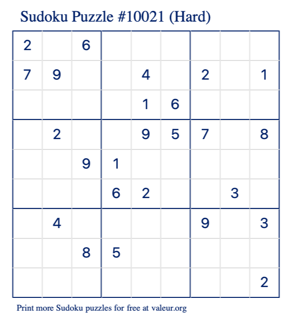 Free Printable Hard Sudoku Puzzle number 10021