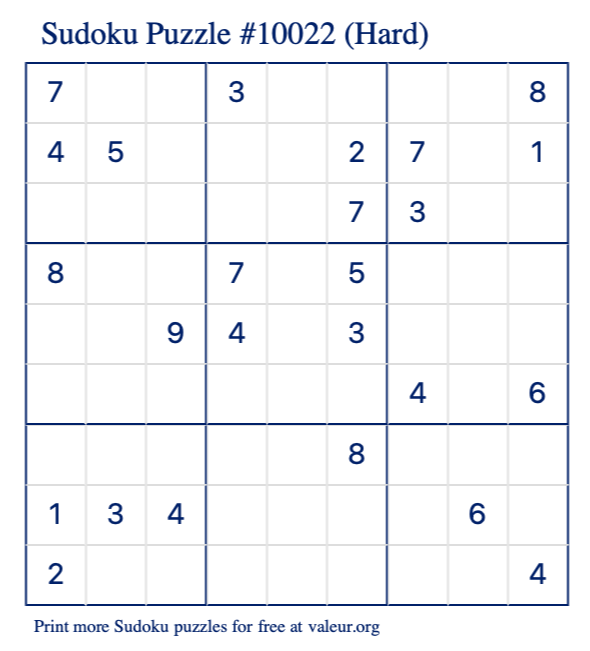Free Printable Hard Sudoku Puzzle number 10022