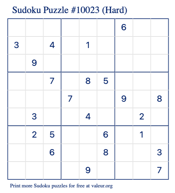 Free Printable Hard Sudoku Puzzle number 10023