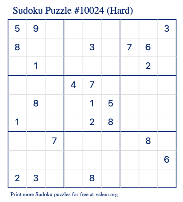 Free Printable Hard Sudoku Puzzle number 10024