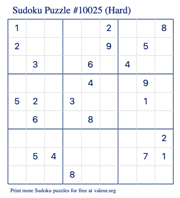 Free Printable Hard Sudoku Puzzle number 10025