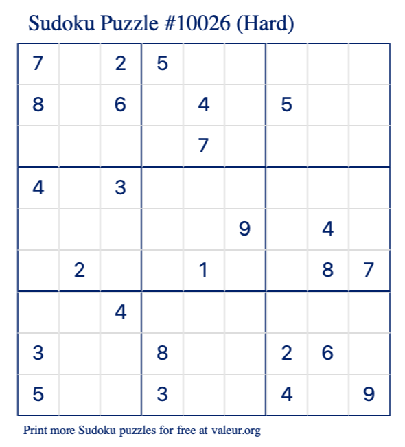 Free Printable Hard Sudoku Puzzle number 10026