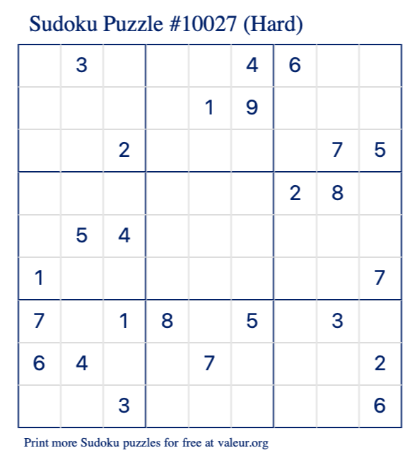 Free Printable Hard Sudoku Puzzle number 10027