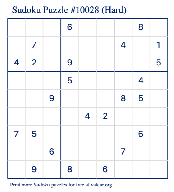 Free Printable Hard Sudoku Puzzle number 10028