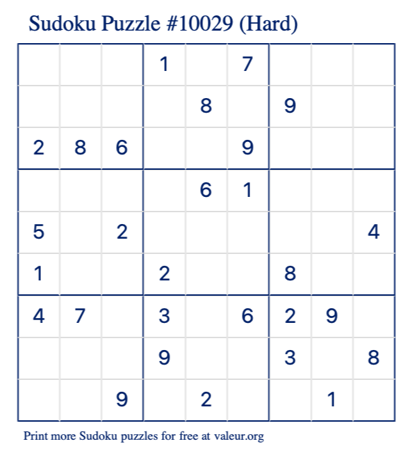 Free Printable Hard Sudoku Puzzle number 10029