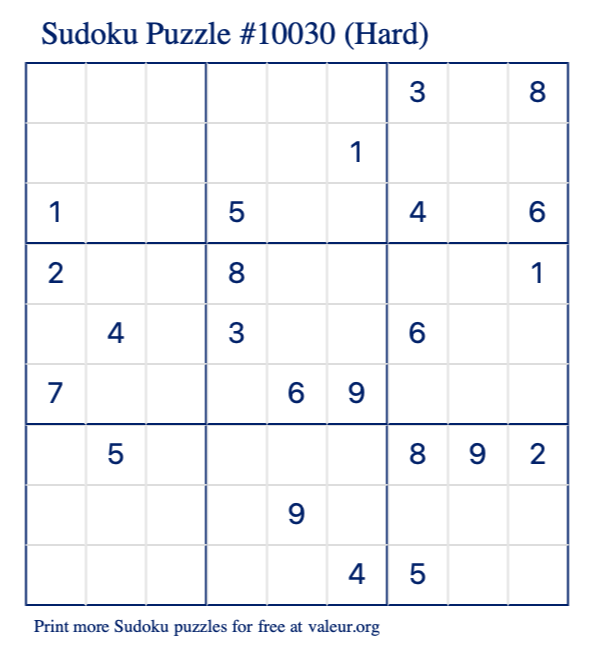 Free Printable Hard Sudoku Puzzle number 10030
