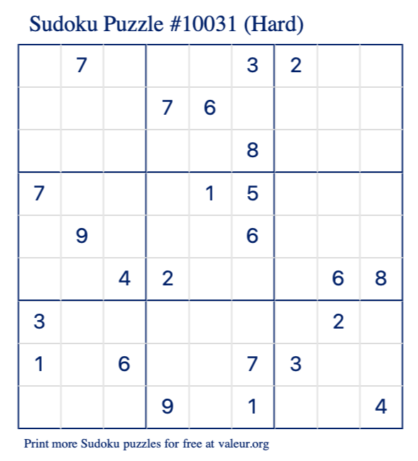 Free Printable Hard Sudoku Puzzle number 10031