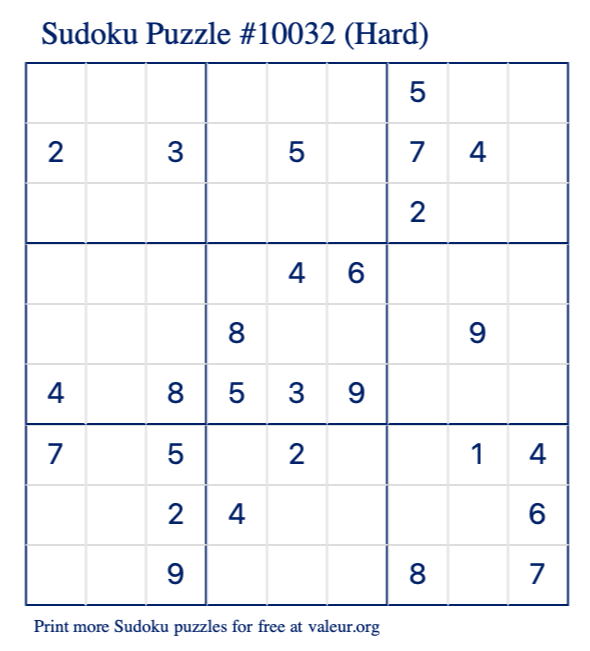 Free Printable Hard Sudoku Puzzle number 10032