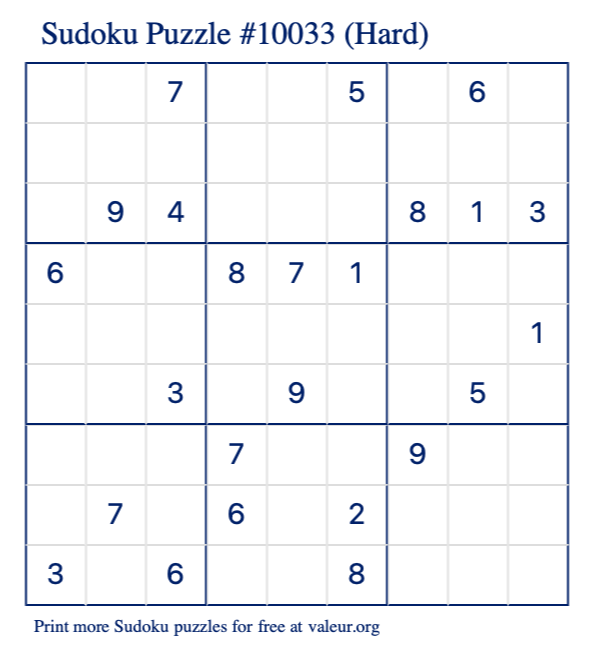 Free Printable Hard Sudoku Puzzle number 10033