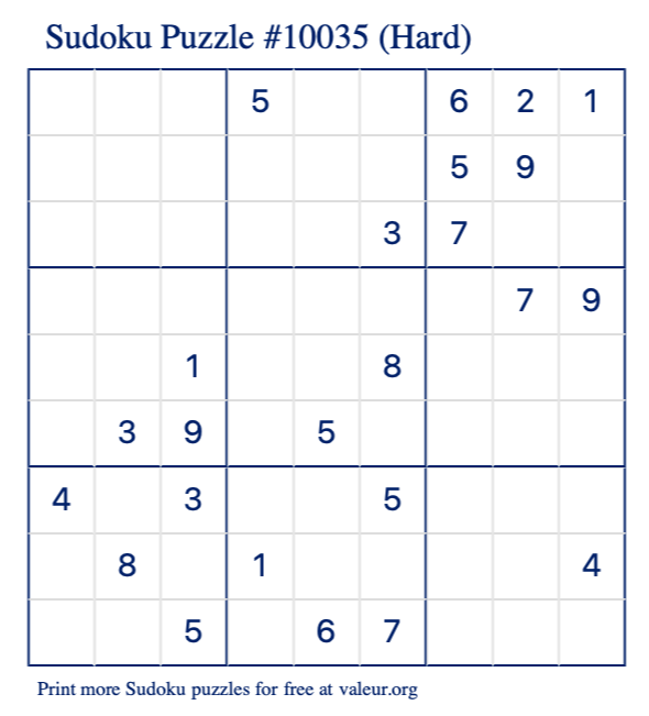 Free Printable Hard Sudoku Puzzle number 10035