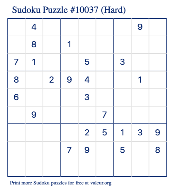 Free Printable Hard Sudoku Puzzle number 10037