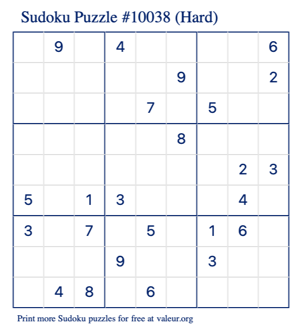 Free Printable Hard Sudoku Puzzle number 10038