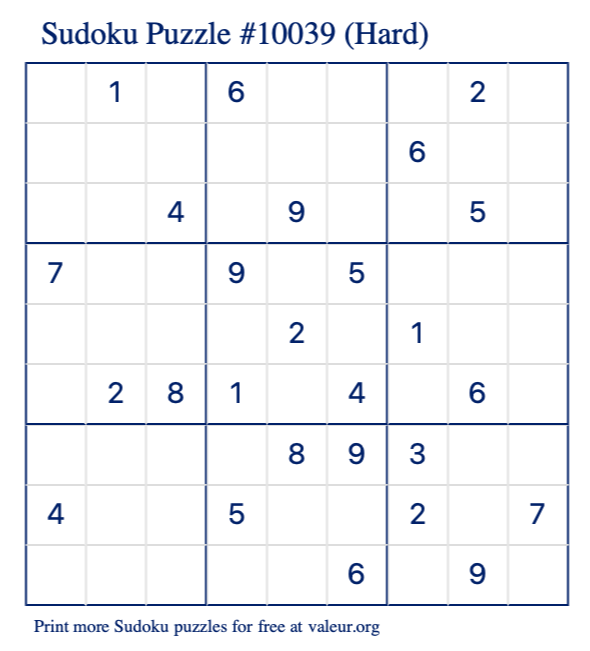 Free Printable Hard Sudoku Puzzle number 10039