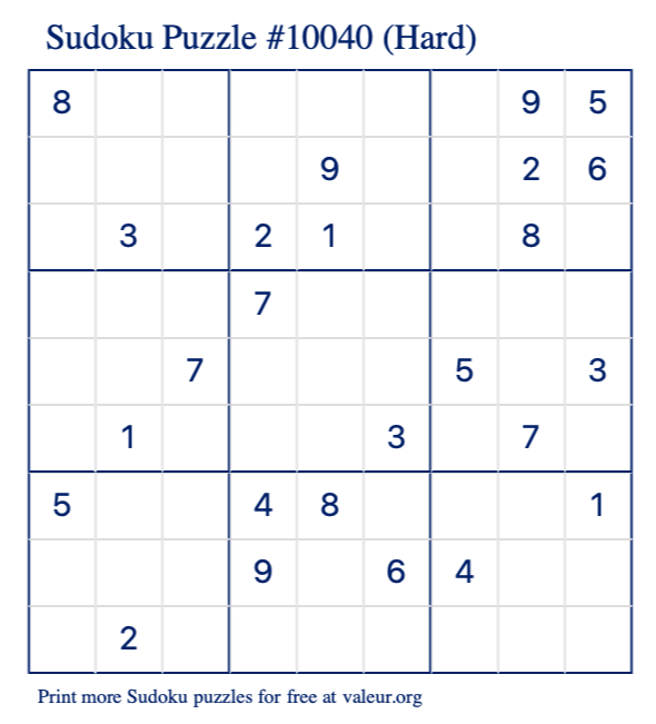 Free Printable Hard Sudoku Puzzle number 10040
