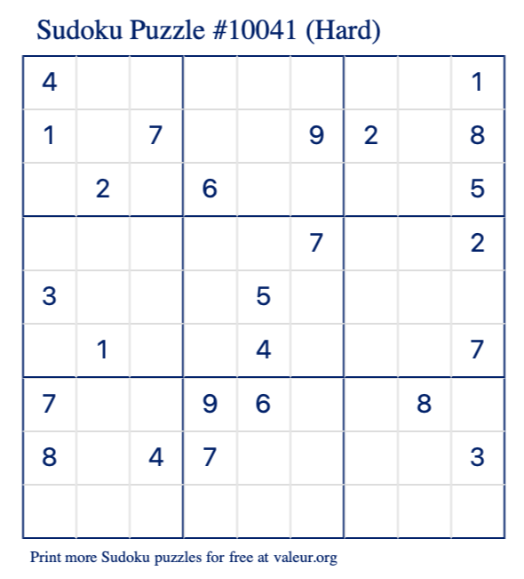Free Printable Hard Sudoku Puzzle number 10041