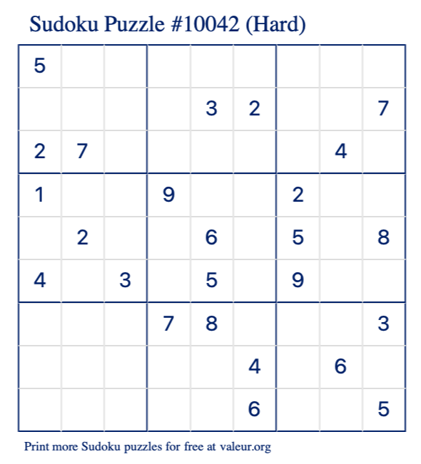 Free Printable Hard Sudoku Puzzle number 10042