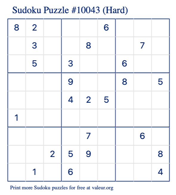 Free Printable Hard Sudoku Puzzle number 10043