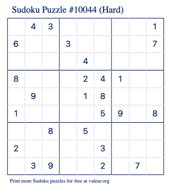Free Printable Hard Sudoku Puzzle number 10044