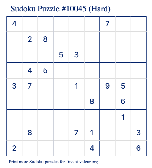 Free Printable Hard Sudoku Puzzle number 10045