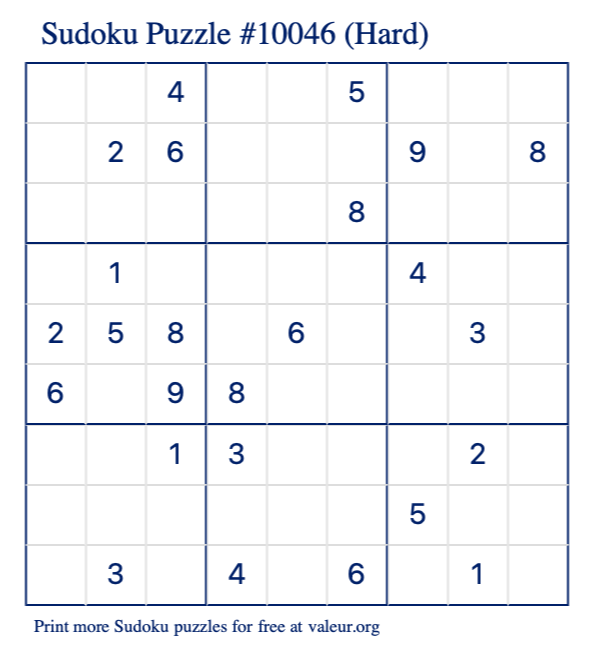 Free Printable Hard Sudoku Puzzle number 10046