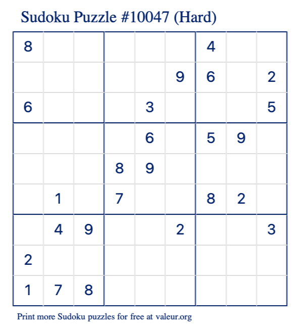 Free Printable Hard Sudoku Puzzle number 10047