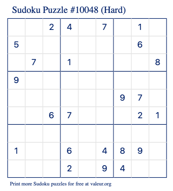 Free Printable Hard Sudoku Puzzle number 10048