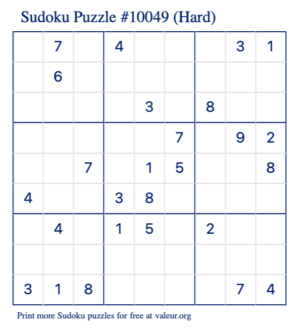 Free Printable Hard Sudoku Puzzle number 10049