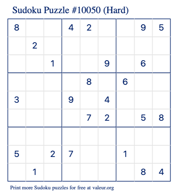 Free Printable Hard Sudoku Puzzle number 10050