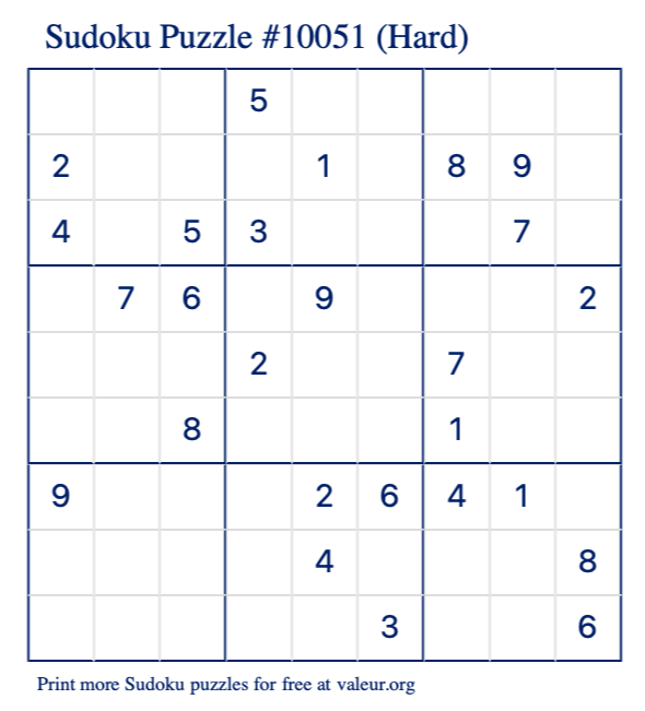 Free Printable Hard Sudoku Puzzle number 10051