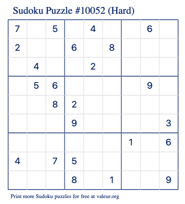 Free Printable Hard Sudoku Puzzle number 10052