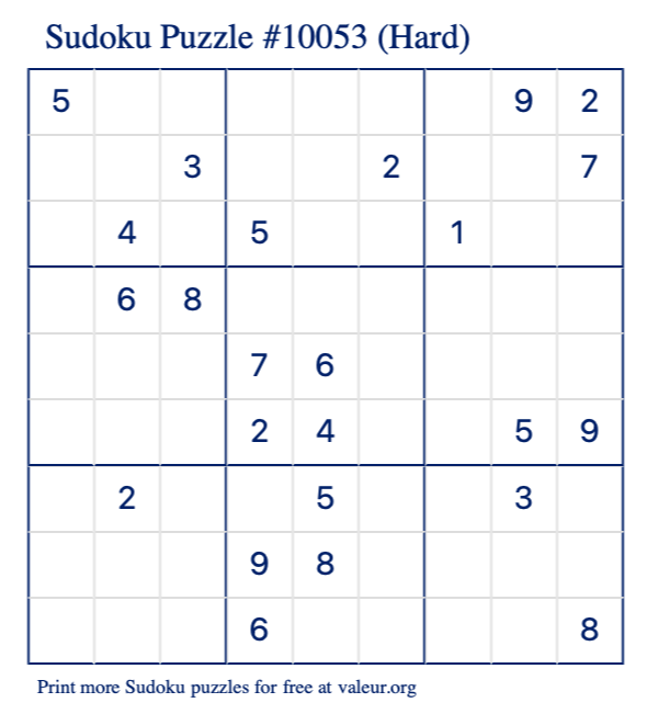 Free Printable Hard Sudoku Puzzle number 10053