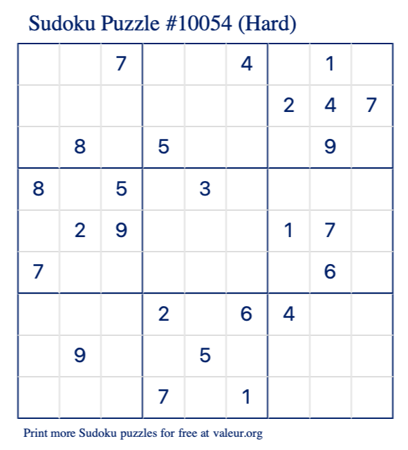Free Printable Hard Sudoku Puzzle number 10054