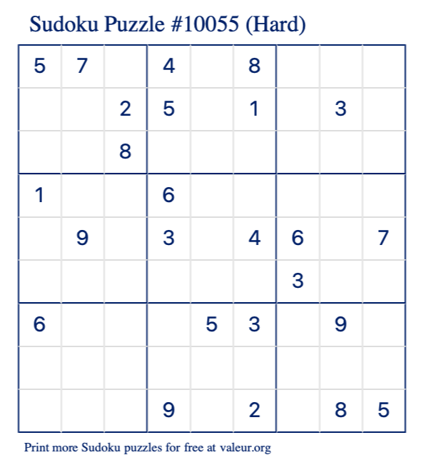 Free Printable Hard Sudoku Puzzle number 10055