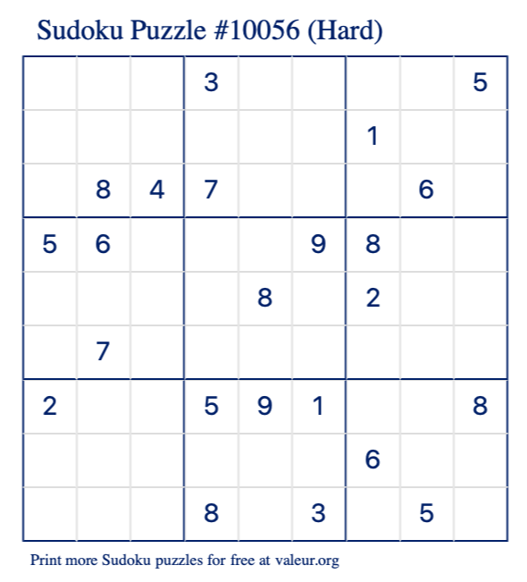 Free Printable Hard Sudoku Puzzle number 10056