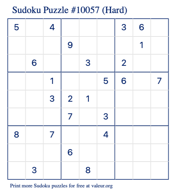 Free Printable Hard Sudoku Puzzle number 10057
