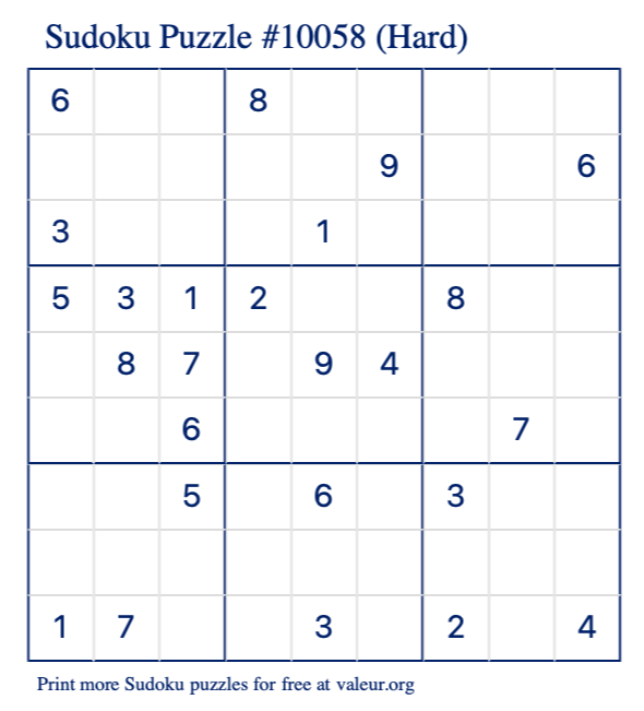 Free Printable Hard Sudoku Puzzle number 10058