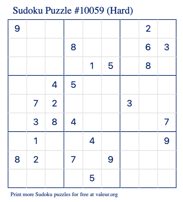 Free Printable Hard Sudoku Puzzle number 10059