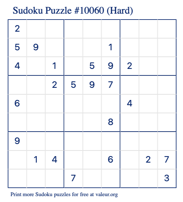 Free Printable Hard Sudoku Puzzle number 10060