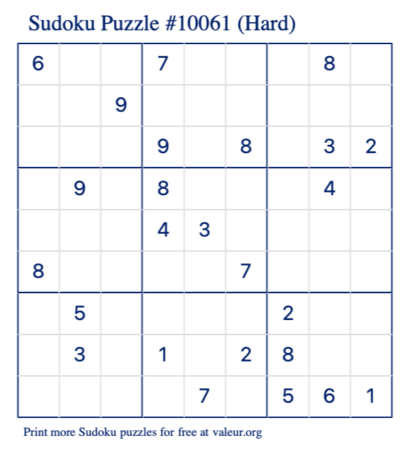 Free Printable Hard Sudoku Puzzle number 10061