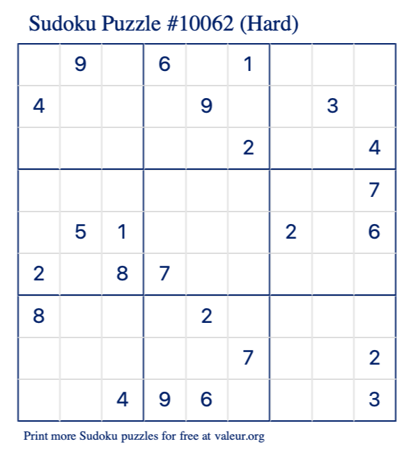 Free Printable Hard Sudoku Puzzle number 10062