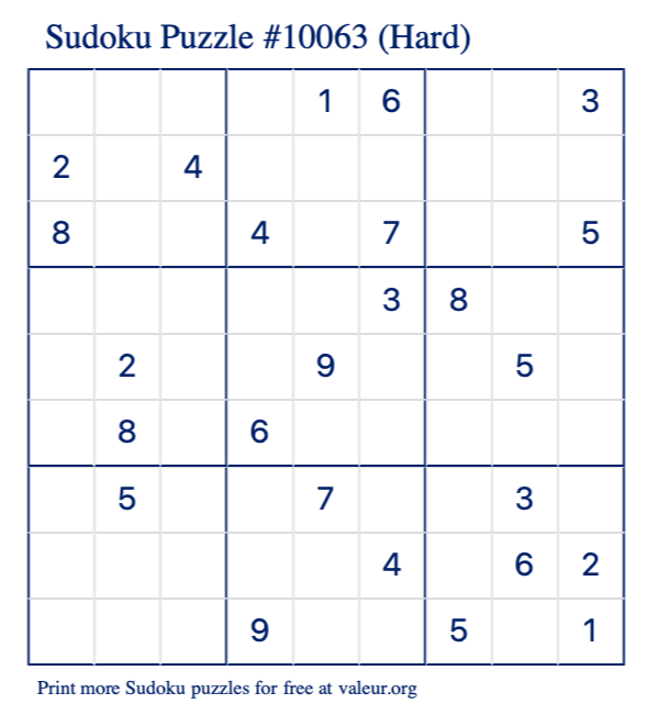 Free Printable Hard Sudoku Puzzle number 10063