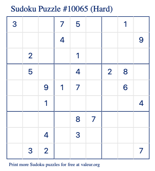 Free Printable Hard Sudoku Puzzle number 10065