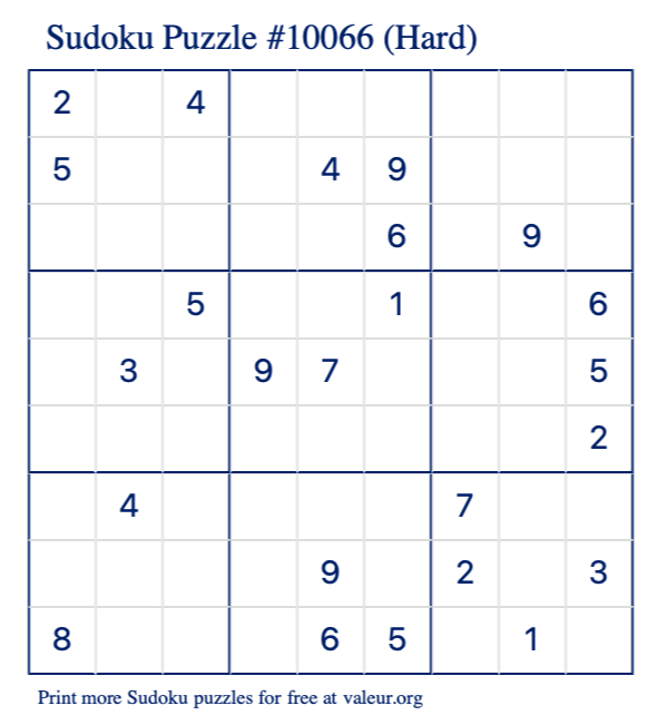 Free Printable Hard Sudoku Puzzle number 10066