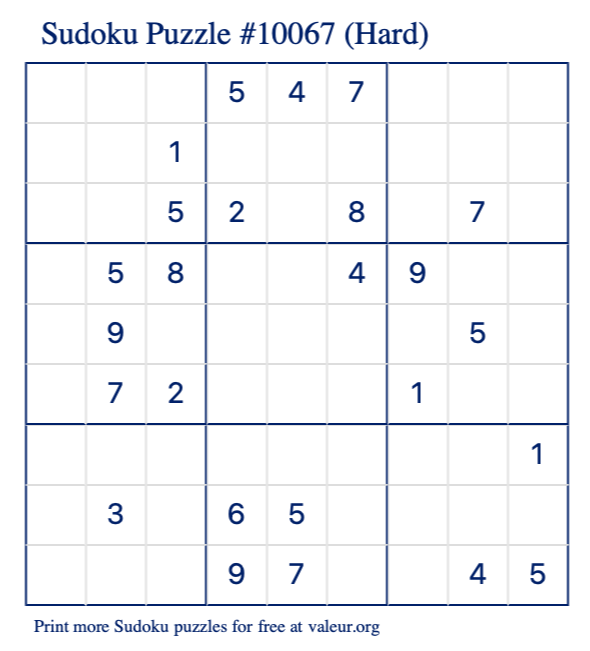 Free Printable Hard Sudoku Puzzle number 10067