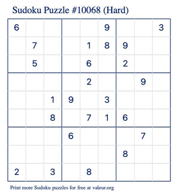 Free Printable Hard Sudoku Puzzle number 10068