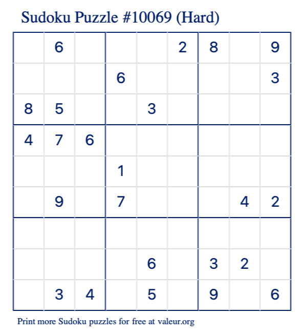 Free Printable Hard Sudoku Puzzle number 10069